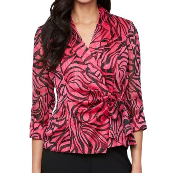 Alex Evenings Fuchsia Pink Black Metallic Print Blouse 3/4 Sleeve Wrap Top Small - Picture 1 of 10